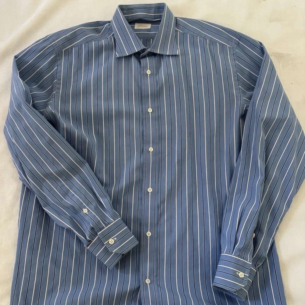 Brioni Mens 16.5 42 Blue White Striped Dress Shirt